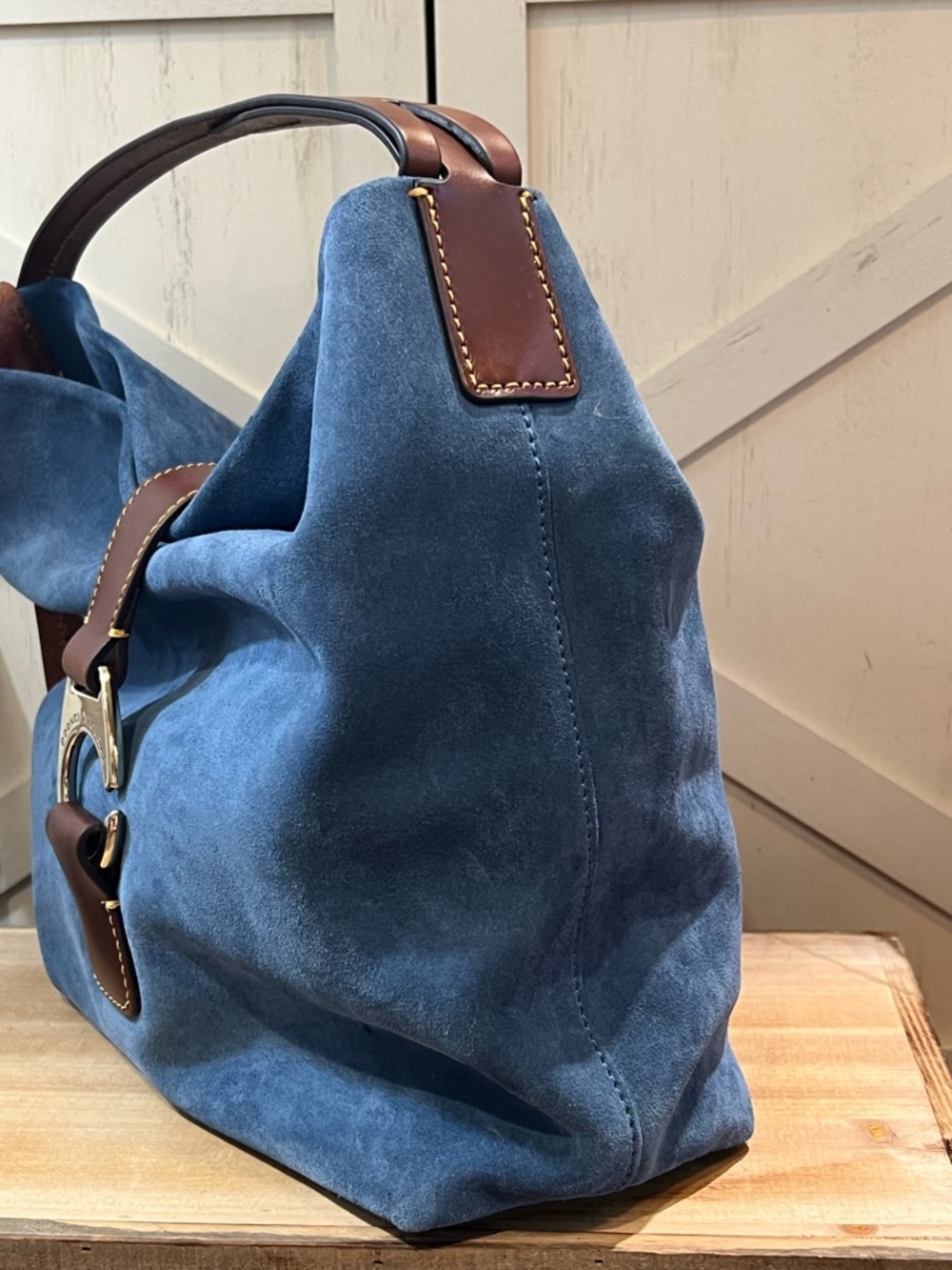 Dooney & Bourke Blue Suede Slouchy Hobo Shoulder Bag Leather Accents - Picture 6 of 13